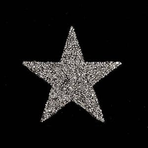 May include: A silver sparkly star-shaped patch. The star is made of small, shiny sequins.