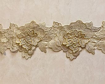 5'' Wide 3D Cream With Gold Flower Venice Lace Trimming Selling Per yard