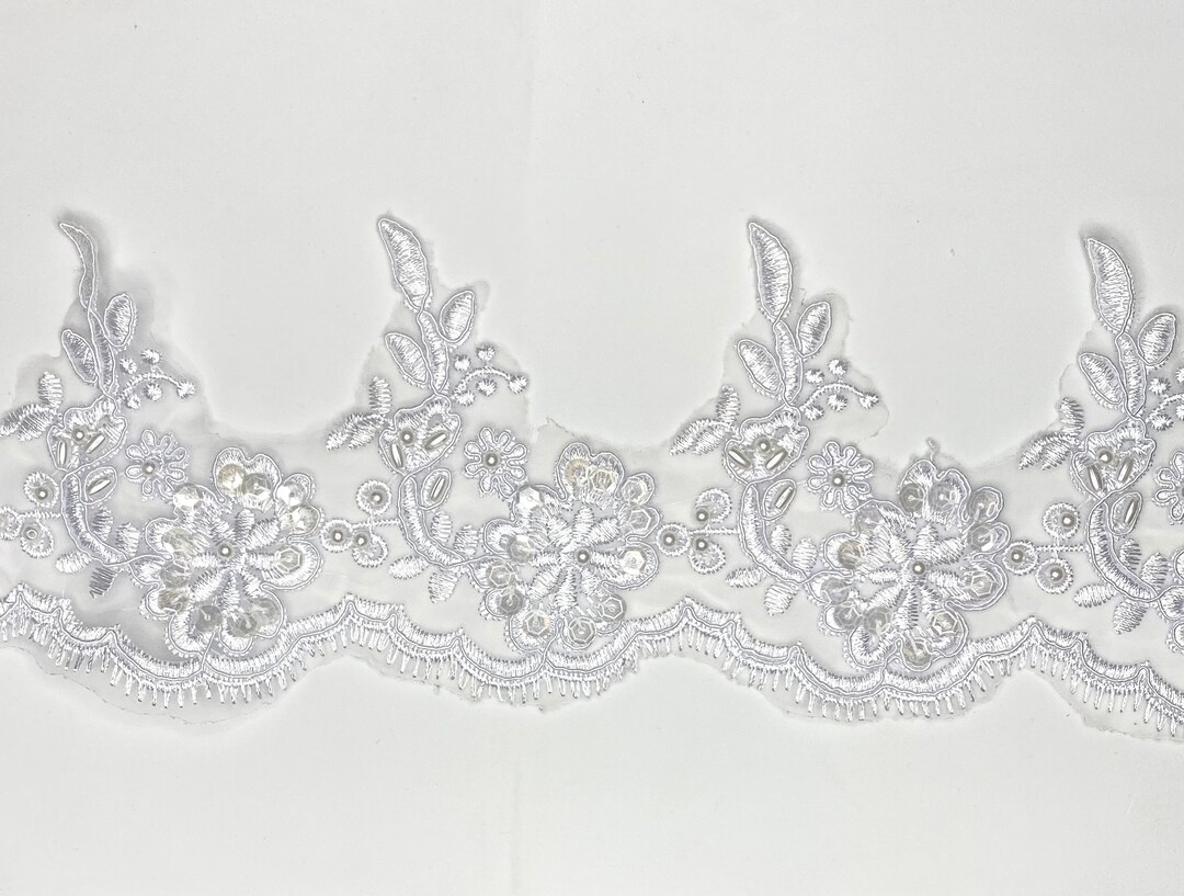 Bridal Lace Trim on Organza, Pearls and Clear Sequins, for Veil, Wedding Dresses, Garments
