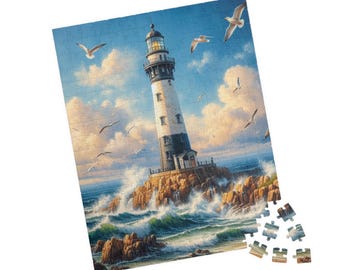 May include: A white and black lighthouse with a light on top stands on a rocky island surrounded by blue water with white waves. Seagulls fly in the blue sky with white clouds.