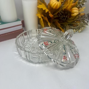 Vintage Anchor Hocking Candy Dish with Lid, Clear Glass Candy Dish with Hand Painted Flowers, Vintage Heavy Glass Candy Dish, 1930s-1940s