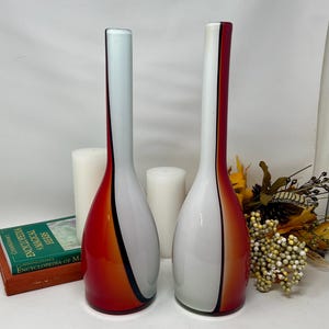 Vintage Murano Glass Style Red-Orange, White, and Black Vases, Pair of Two, Matching Glass Vases, Art Glass, Statement Glass Vase, Red Vase