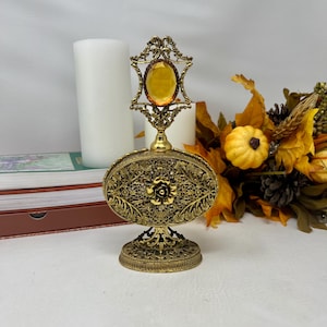 Vintage Ormolu Perfume Bottle with Dauber | Ornate Filigree Gold Tone Vanity Bottle | Faux Amber Gem | Hollywood Regency Vanity Decor