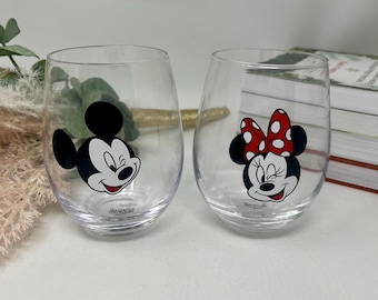 Disney Mickey and Minnie Stemless Wine Glasses Set of 2, His and Hers Winking Character Glassware