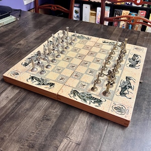Vintage Greek Mythology Chess Set & Backgammon Board | Folding Wooden Game Board with Pewter Chess Pieces | Complete Collector’s Set