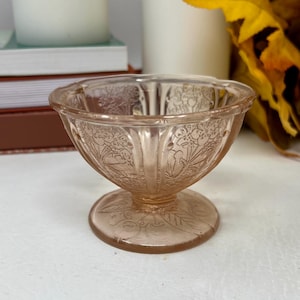 Vintage 1930er Jahre Jeanette Cherry Blossom Pink Depression Glas Sherbet Schüssel, Pink Sherbet Dish, Low Footed Pink Sherbet Dish, Rosa Glasschüssel