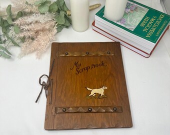 Vintage Wooden Scrapbook Memory Album with Hunting Dog Cover, Photo Book 1950s
