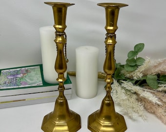Vintage Brass Rope & Tassel Candlestick Pair | Mid-Century Modern 11.5” Taper Candle Holders | Made in India Brass Candlesticks