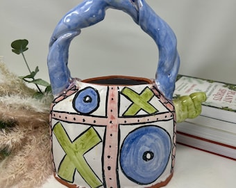 Handmade Art Pottery Teapot Vase, Quirky Tic Tac Toe Ceramic Sculpture with Twisted Handle, 10” Tall