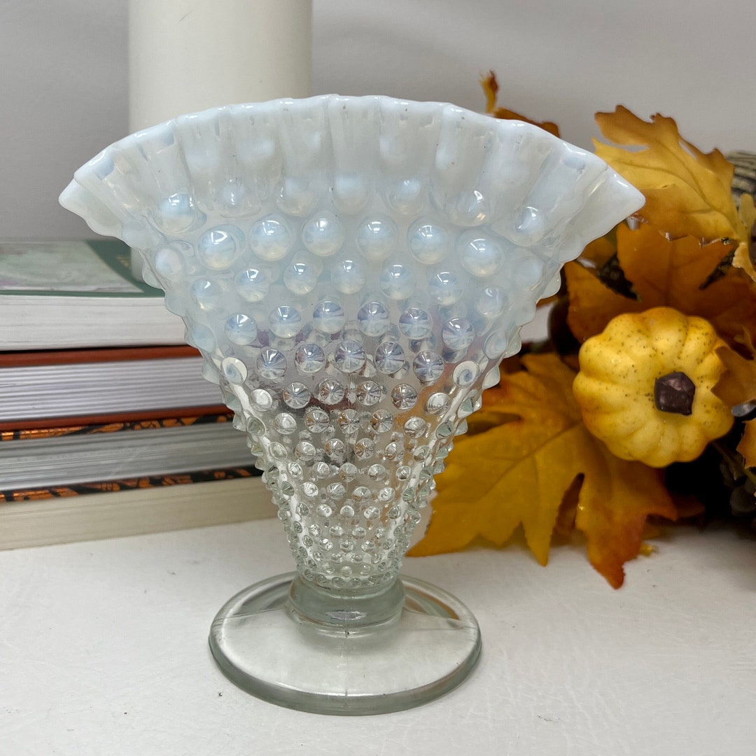 Vintage Fenton Glass French Opalescent Hobnail Fan Vase With Crimped ...