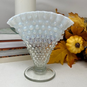 Vintage Fenton Glass French Opalescent Hobnail Fan Vase With Crimped Rim, White Blue Clear Glass, Bud Vase, Vintage Glass Decor, Flower Vase