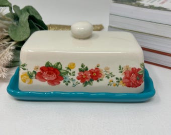 The Pioneer Woman Vintage Floral Ruffle Linen Butter Dish Teal Stoneware Farmhouse Kitchen Decor