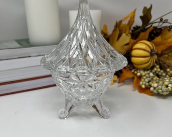 Vintage Cut Glass Footed Candy Dish with Tall Lid, Clear Pressed Glass
