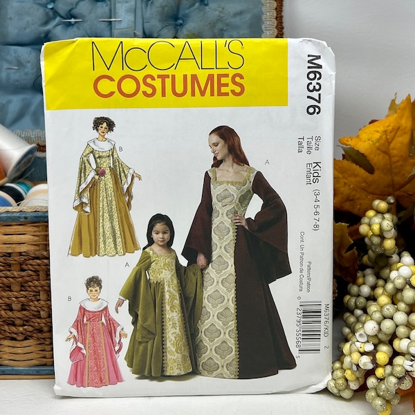 McCall's Costumes Renaissance Dress Pattern Girl's Size 3-8, Uncut Complete, Girl's Costume, Sewing Pattern, Princess Costume, M6376