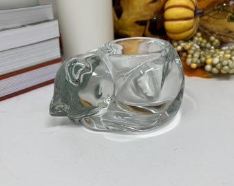 Candelabro vintage de vidrio Indiana con forma de gato en reposo, transparente, para velas votivas o de té