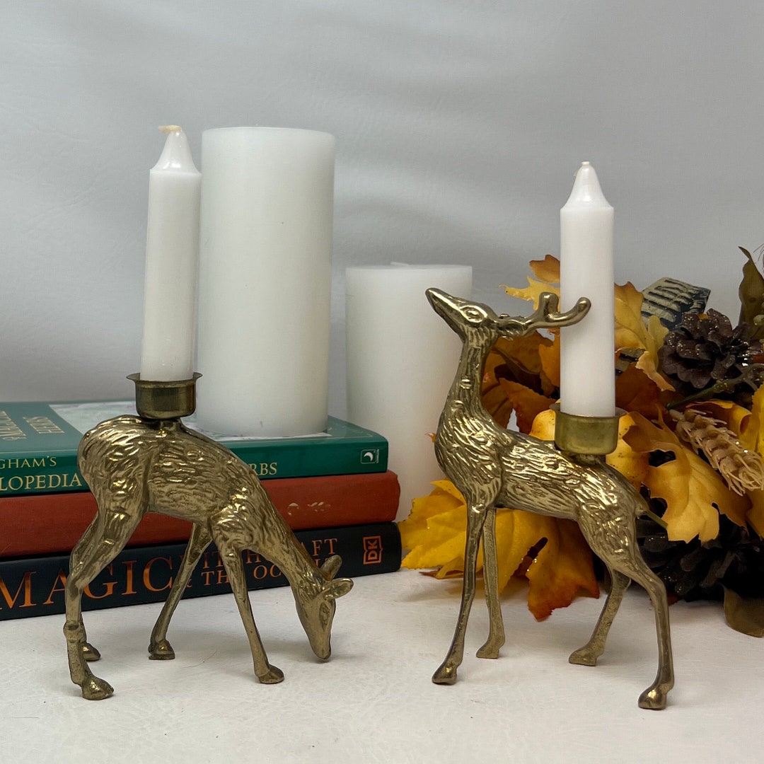 Vintage Pair Brass Deer Candle Holders, Deer Candle Stick Holders, Buck