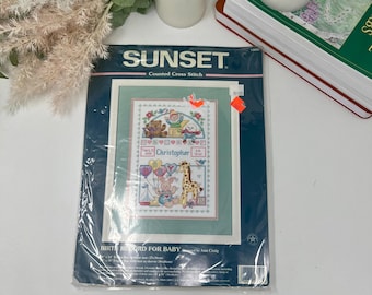 Vintage Sunset Counted Cross Stitch Kit Birth Record for Baby, 1998 NOS Nursery Sampler