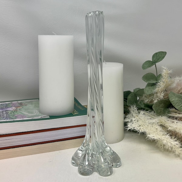 Vintage Bubble Bottom Handblown Twisted Glass Flower Vase, Clear Glass Flower Vase, Decorative Glass Vase, Petal Foot Clear Glass Vase