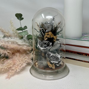 Eternal Rose, Vintage Freeze Dried Silver Rose Floral Arrangement in Glass Cloche, Roses in Glass Cloche, Tabletop Decor, Wedding Decor