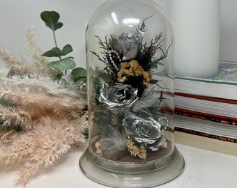 Eternal Rose, Vintage Freeze Dried Silver Rose Floral Arrangement in Glass Cloche, Roses in Glass Cloche, Tabletop Decor, Wedding Decor