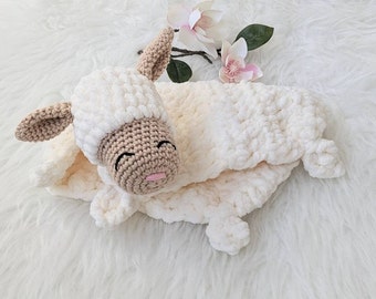 Crochet Handmade Lamb Lovey. Cream Baby Security Blanket. Unisex Baby Crib Toy. Baby Shower Gift. Newborn Gift. New Mom. Nursery Decor.