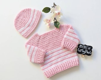 Crochet Pink Baby Sweater and Hat Set 3 mos. Handmade Pastel Baby Outfit. Baby Girl Shower Gift. Newborn. Baby Photo Prop. Knit. New Mom