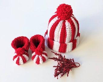 Crochet Baby Candy Cane Hat and Booties. Sold Separately. Handmade Unisex Beanie and Shoes. Baby Photo Shoot Prop. Christmas Holiday Hat.