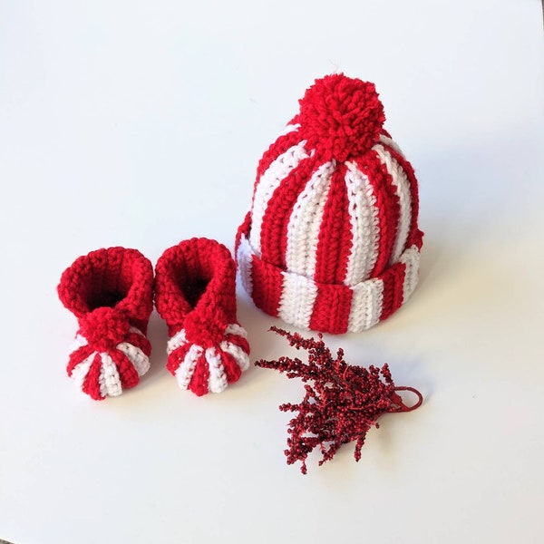 Crochet Baby Candy Cane Hat and Booties. Sold Separately. Handmade Unisex Beanie and Shoes. Baby Photo Shoot Prop. Christmas Holiday Hat.