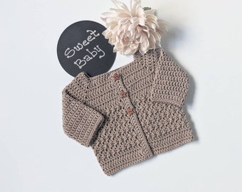 Crochet Cotton Baby Sweater 3 mos. Handmade Beige Taupe Unisex Baby Sweater. Neutral Baby Shower Gift. Newborn New Mom Gift. Boy or Girl.