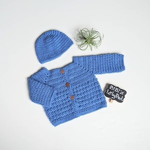 Handmade Baby Sweater and Hat Set Size 3-6 mos. Crochet Blue Baby Cardigan and Beanie. Baby Boy Shower Gift. Knit. Baby Photo Shoot. Fall.