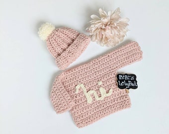 Chunky Crochet Pink Newborn Sweater Set. Handmade Knit Hi Sweater Set. Baby Girl Shower Gift. Photo Shoot. Home From Hospital. Pom Pom Hat