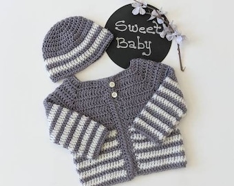 Handmade Baby Sweater and Hat Set 0-3 mos. Crochet Baby Sweater Set. Unisex Baby Sweater Set. Newborn Sweater. Baby Gift. Baby Shower.