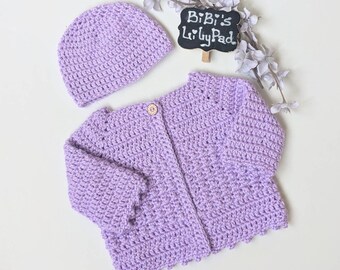 Crochet Baby Sweater and Hat Set 0-3. Handmade Newborn Purple Baby Sweater Set. Home From Hospital. First Photos. Baby Girl Shower Gift.