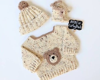 Crochet Chunky Baby Sweater, hat, booties 3-6 mos. Handmade Winter Knit Cream Sweater. Unisex Baby Shower Gift. Sold Separately or as a Set.