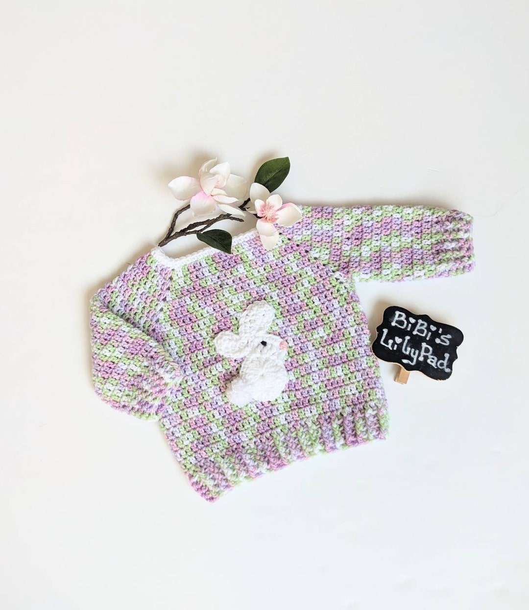 Handmade Baby Sweater 3 Mos. Crochet Pullover With Bunny. Spring Summer