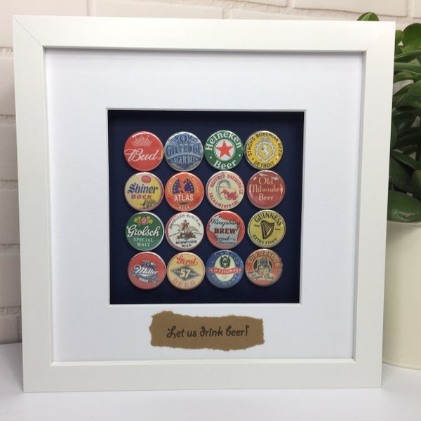 Beer bottle tops themed picture, Vintage bottle tops, Picture made with badges, Gift for him, Father's Day gift, Quirky gift for him