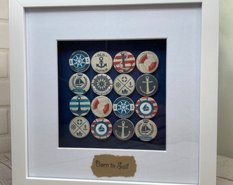 Sailing picture, Boat picture, Framed badge picture, Born to Sail, Nautical themed gift, Handmade badges in frame, Unusual gift,