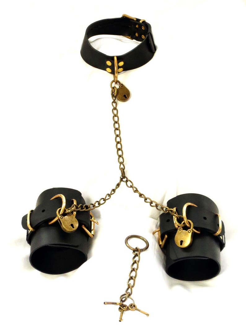 Locking Collar Cuffs & Chain Bondage Set. Black and Gold. Etsy