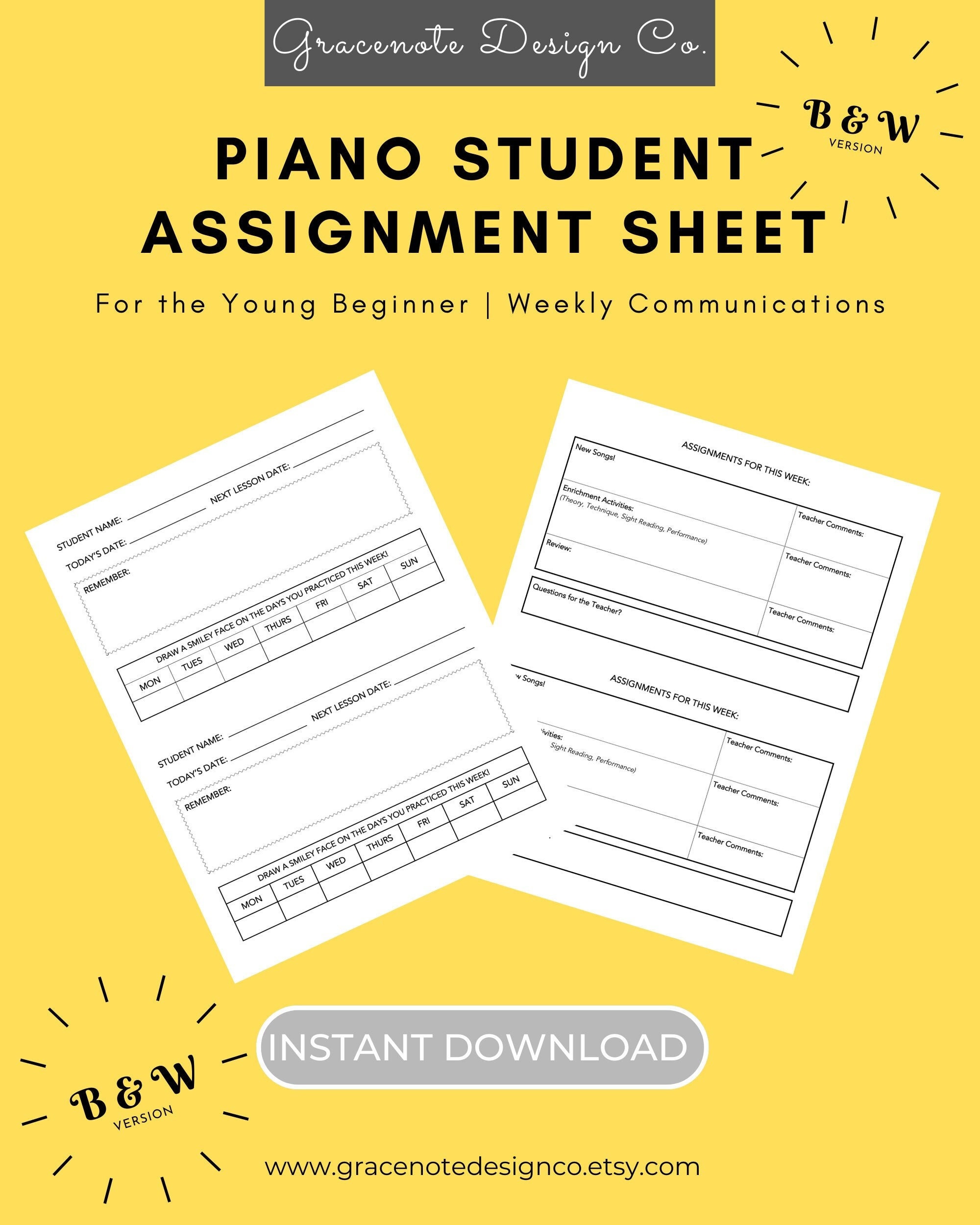 Piano Student Assignment Sheet (B&W Version) - for the Young Beginner ...