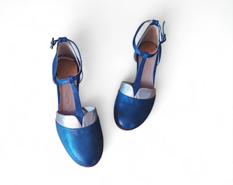 Chaussures Lindy hop en cuir bleu et platine taille 37