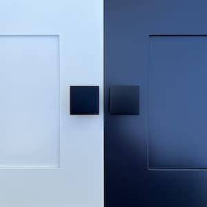 Pode incluir: Duas portas de armário, uma branca e outra azul escura, com puxadores quadrados pretos.