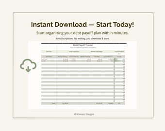 May include: A digital debt payoff tracker with a green border and text that reads "Instant Download - Start Today!" The spreadsheet includes fields for debt name, balance, interest rate, and monthly payments. A cloud icon is in the corner.
