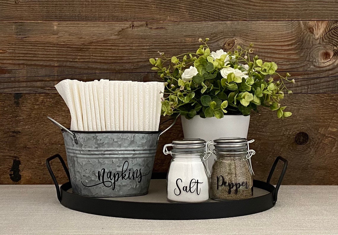 Salt and Pepper Shakers Napkin Holder Wood Tray Kitchen Etsy