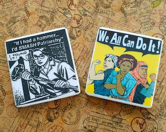 Feminist handmade tile coasters set of 2 We can do it, Smash patriarchy, made from upcycled materials