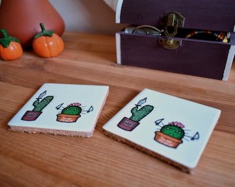 Killer cactus, funny handmade tile coasters, set of two, housewarming gift