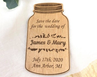 Mason Jar - Save The Date Magnet - Unique Custom Save the Date - Personalized Save The Date - Wedding Invitation -Rustic Magnet -Wood Magnet