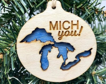 3D Great Lakes - MICH YOU - Christmas Ornament! Michigan Christmas Ornament - Michigan Themed Gifts - Michigan Gifts - Great Lakes Art