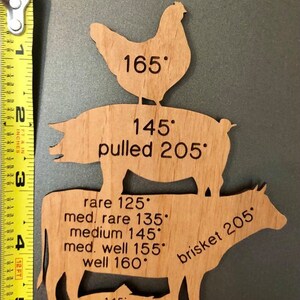 May include: Wooden cutouts of a chicken, pig, cow, and fish with internal temperatures listed for each. The chicken is on top of the pig, the pig is on top of the cow, and the fish is below the cow. The cow has the text "brisket 205" written on it. The pig has the text "pulled 205" written on it.