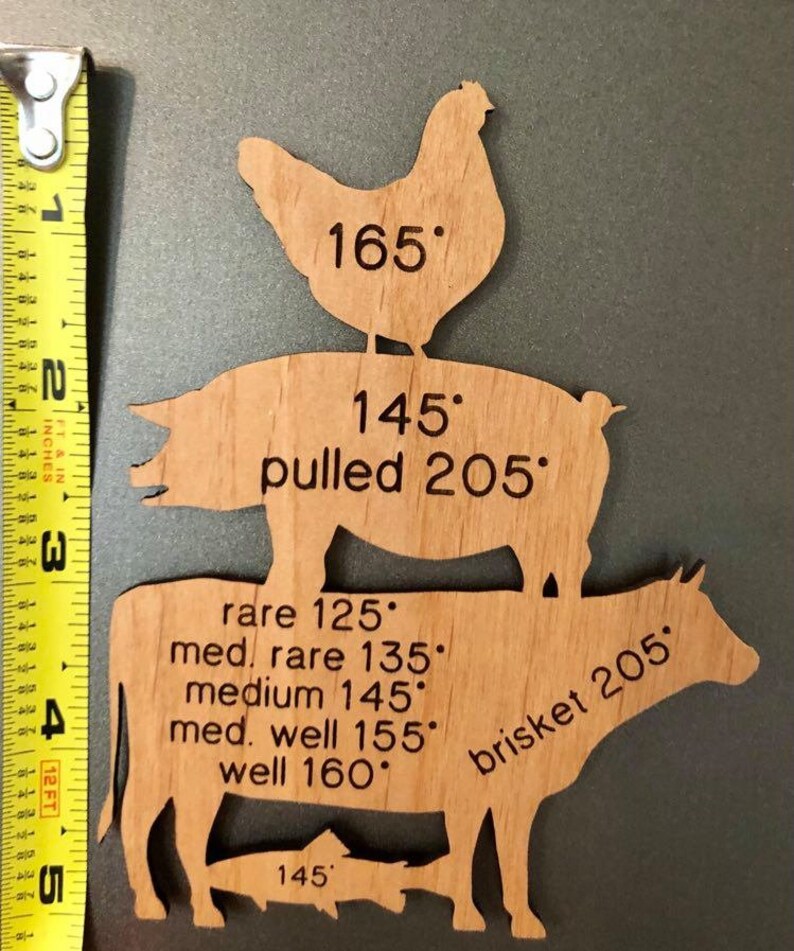 May include: Wooden cutouts of a chicken, pig, cow, and fish with internal temperatures listed for each. The chicken is on top of the pig, the pig is on top of the cow, and the fish is below the cow. The cow has the text "brisket 205" written on it. The pig has the text "pulled 205" written on it.