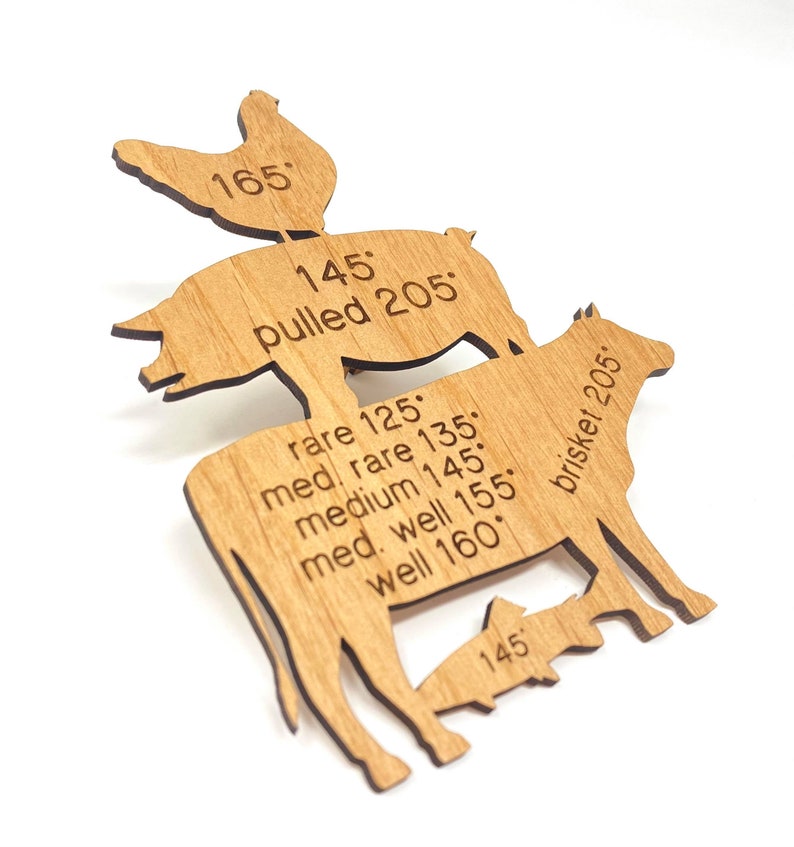 May include: Wooden cutout of a chicken, pig, cow, and fish with internal temperature guidelines for cooking. The chicken is labelled 165 degrees, the pig is labelled 145 degrees pulled 205 degrees, the cow is labelled rare 125 degrees, med rare 135 degrees, medium 145 degrees, med well 155 degrees, well 160 degrees, brisket 205 degrees, and the fish is labelled 145 degrees.
